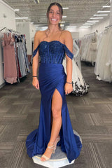 Cheap Navy Blue Prom Dresses Corset Off The Shoulder with Slit
