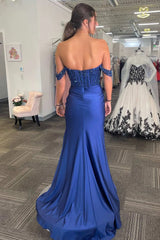 Cheap Navy Blue Prom Dresses Corset Off The Shoulder with Slit