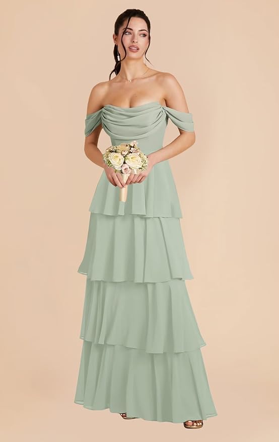 Boho Off Shoulder Chiffon Tiered Bridesmaid Dress with Ruffles