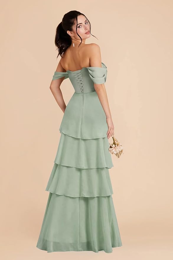 Boho Off Shoulder Chiffon Tiered Bridesmaid Dress with Ruffles