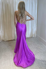 Long Prom Dress Purple Halter Mermaid Wedding Guest Dress