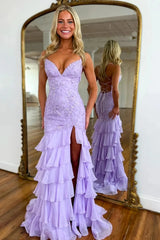 2025 Long Purple Mermaid Lace Formal Dress Lilac V Neck Backless