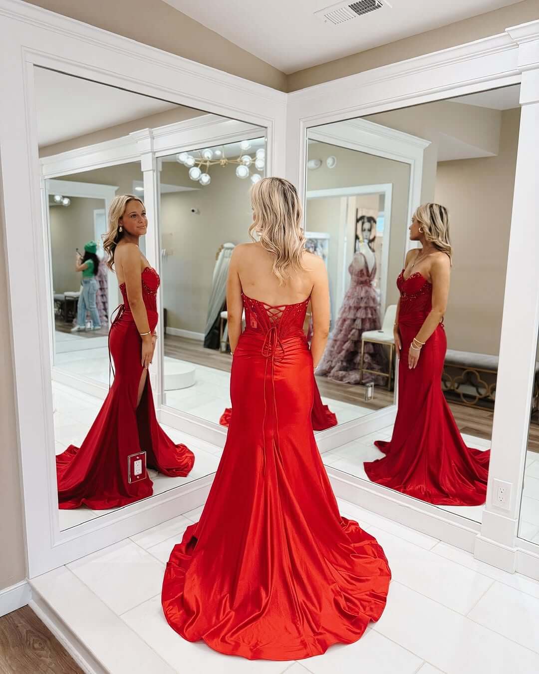 Long Red Evening Dresses Beaded Strapless Prom Dress Near me