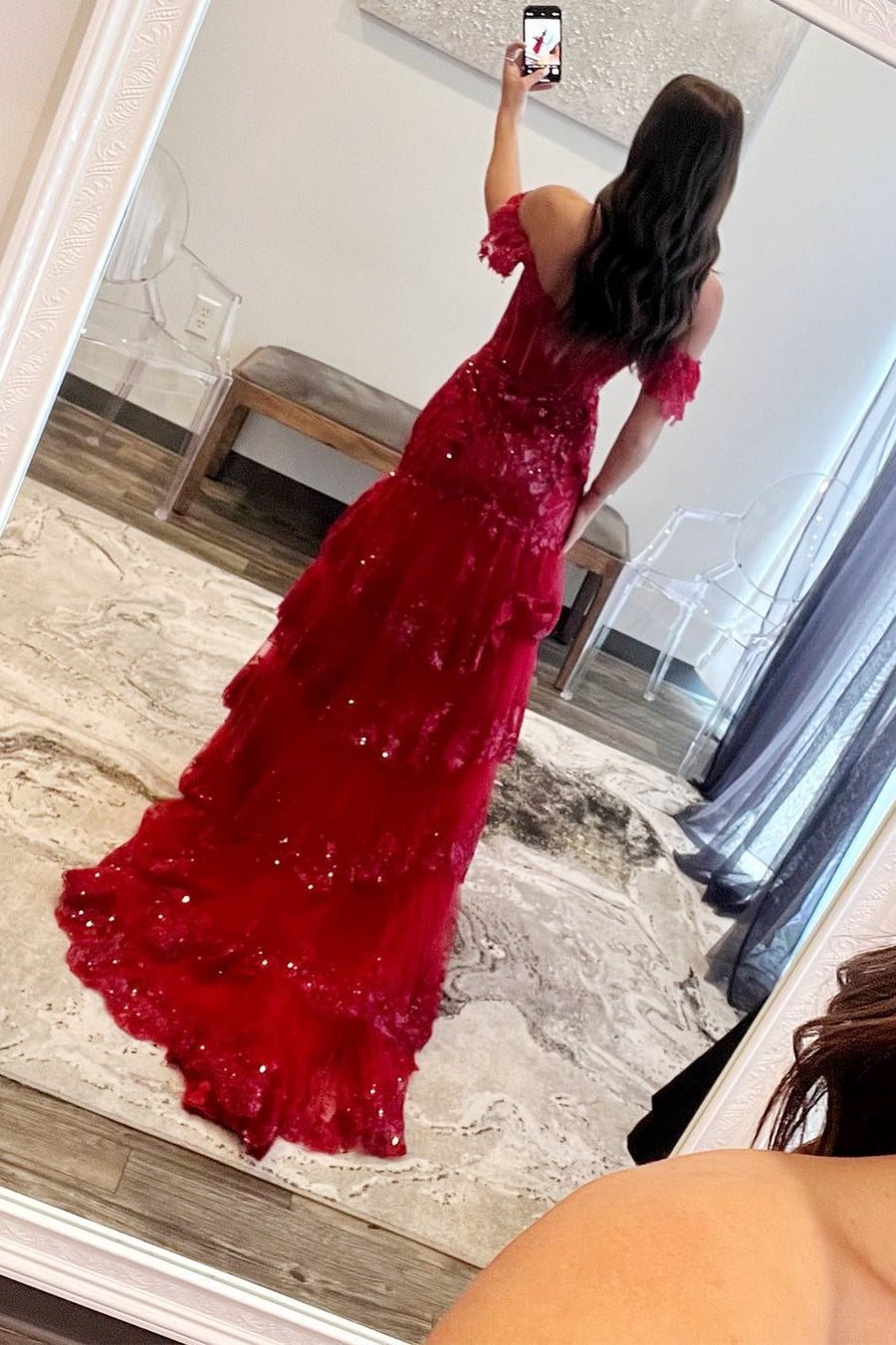 Long Red Evening Dress Lace Sequins Tiered Prom Dress Off the Shoulder