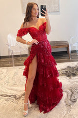 Long Red Evening Dress Lace Sequins Tiered Prom Dress Off the Shoulder