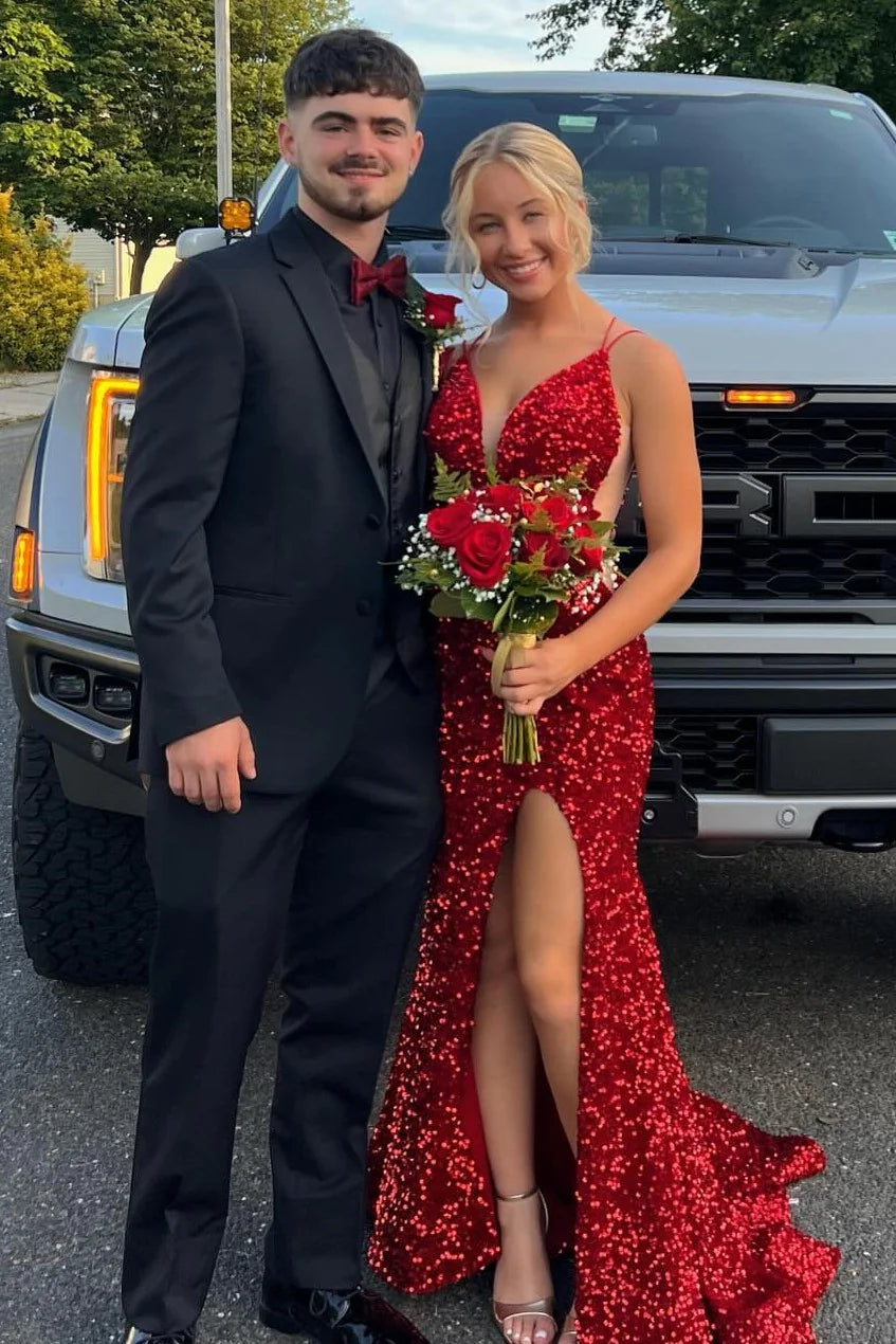 Long red Sequin Evening Gown UK Mermaid Straps Lace Up Back Mychicdress