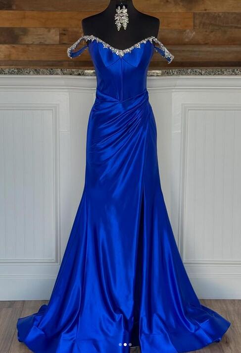 Long Royal Blue Formal Dress Satin Off the Shoulder with Beaded Neck