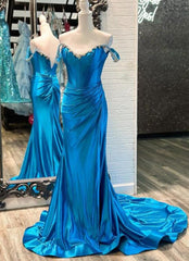 Long  Blue Formal Dress Satin Off the Shoulder with Beaded Neck