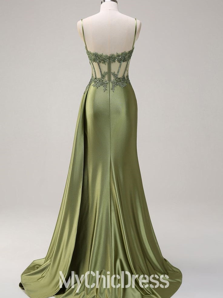 Long Sage Green Formal Dress Mermaid Lace Beaded with Slit Mychicdress