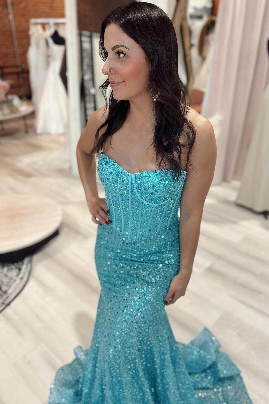Long Light Sky Blue Prom Dresses Sequins Mermaid Sweetheart