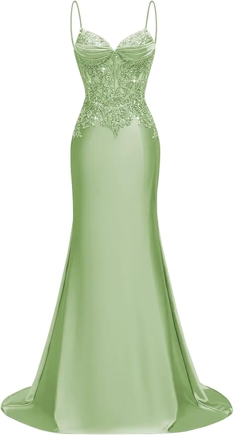 Long Silk Satin Mermaid Lace Beaded Prom Dresses for Women