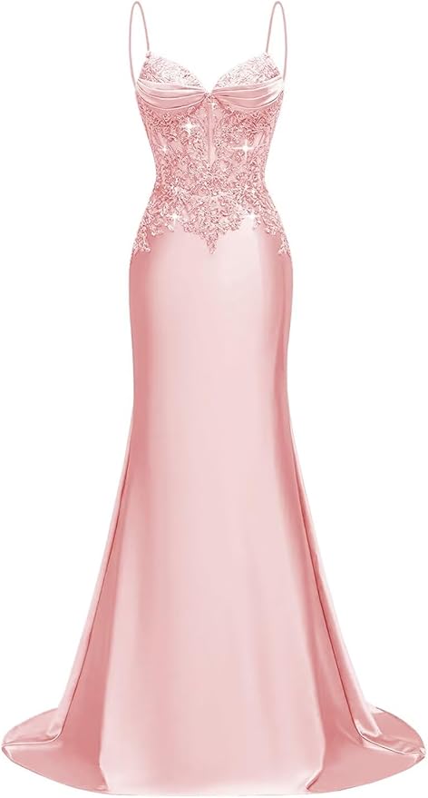 Long Silk Satin Mermaid Lace Beaded Prom Dresses for Women