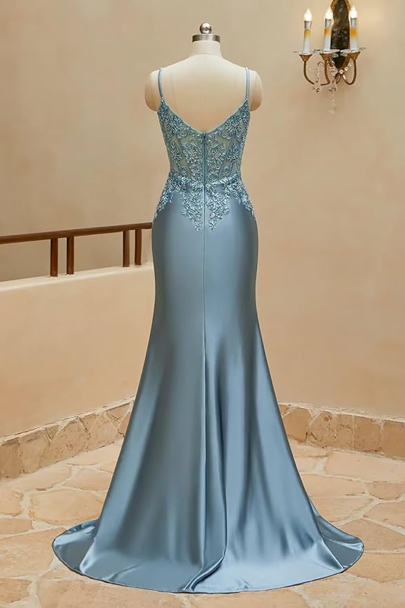 Long Silk Satin Mermaid Lace Beaded Prom Dresses for Women