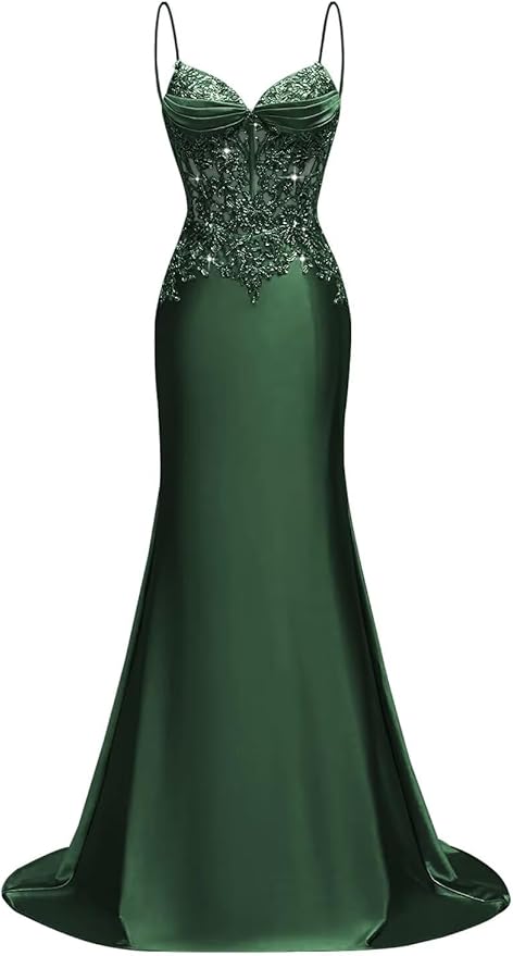 Long Silk Satin Mermaid Lace Beaded Prom Dresses for Women