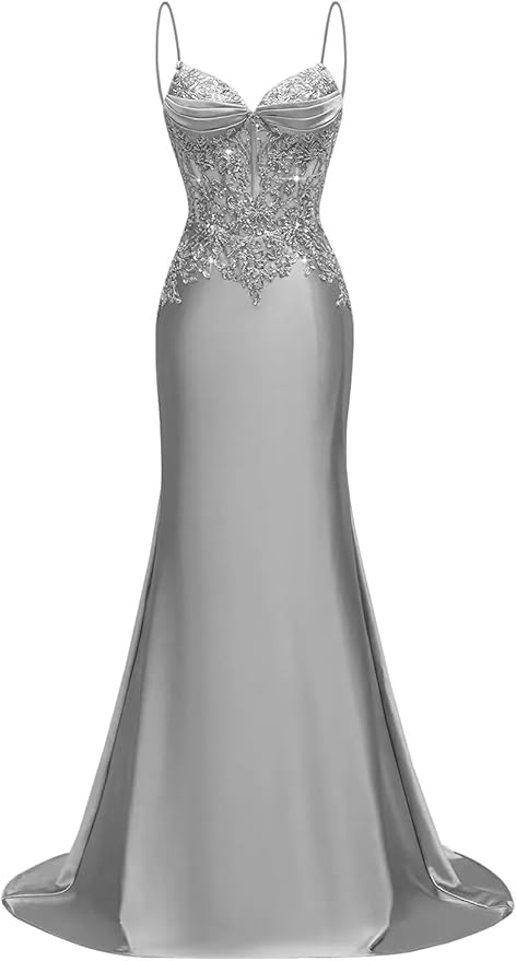 Long Silk Satin Mermaid Lace Beaded Prom Dresses for Women