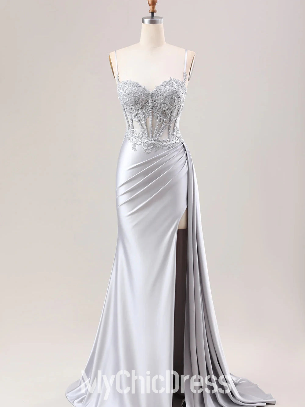 Long silver Formal Dress Mermaid Lace Beaded with Slit Mychicdress