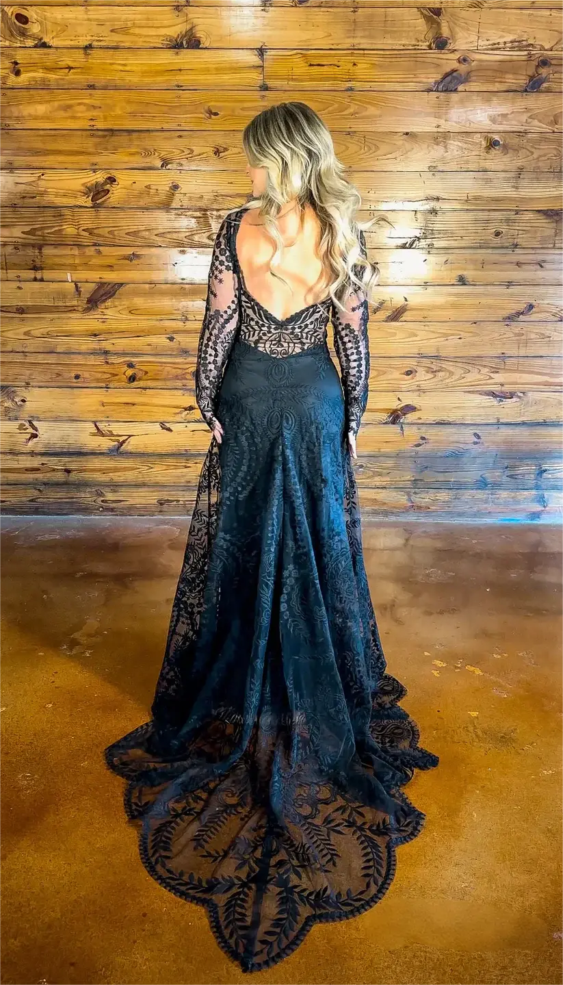 Long Sleeve Boho Black Wedding Dress Lace with Nude Lining Mychicdress
