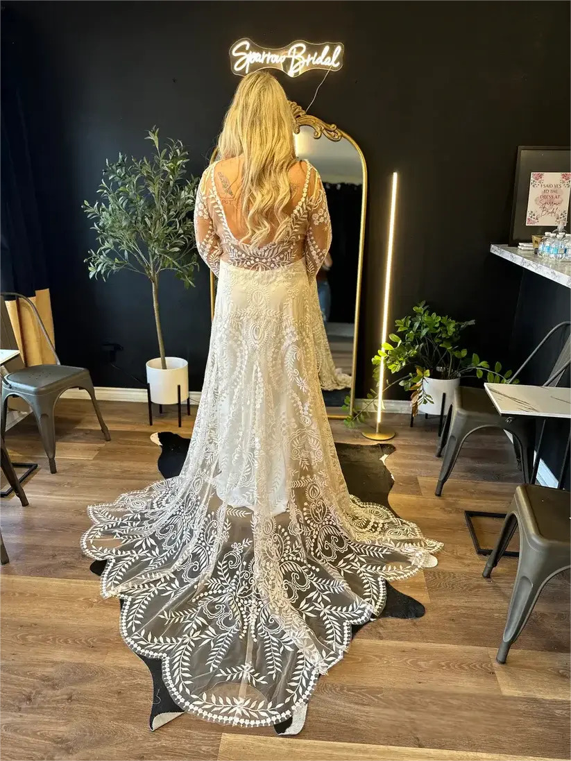 Long Sleeve Boho Wedding Dress Lace with Nude Lining Mychicdress