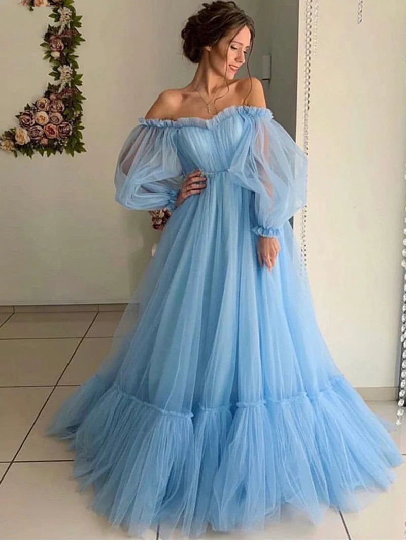 Long Sleeve Maxi Party Dress Blue Off Shoulder A-Line Photoshoot Dress Mychicdress