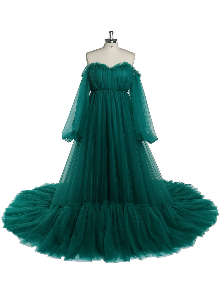 Long Sleeve Maxi Party Dress dark green Off Shoulder A-Line Photoshoot Dress Mychicdress