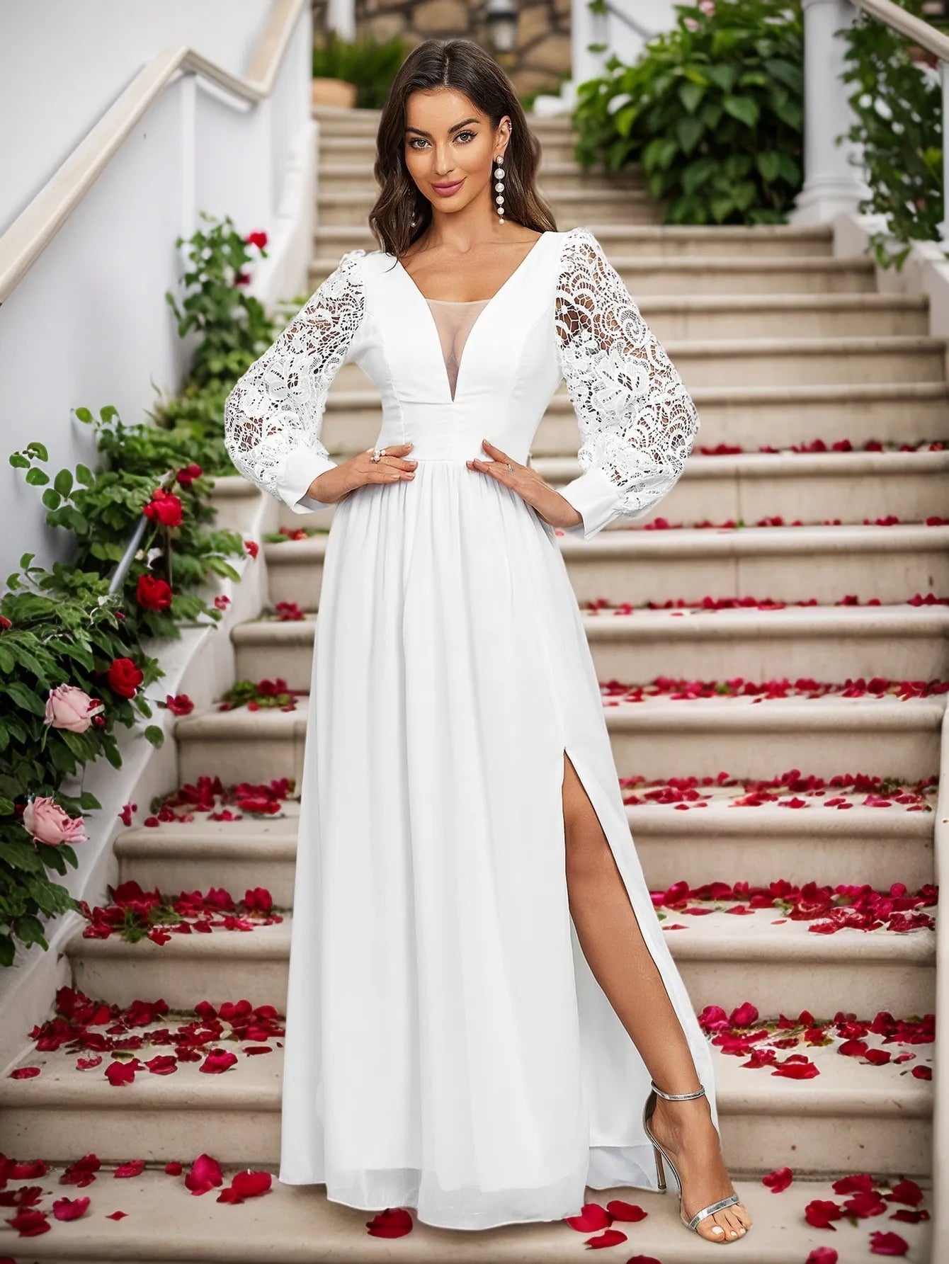 Long Sleeve Wedding Guest Dress White Chiffon Evening Dresses Backless Mychicdress