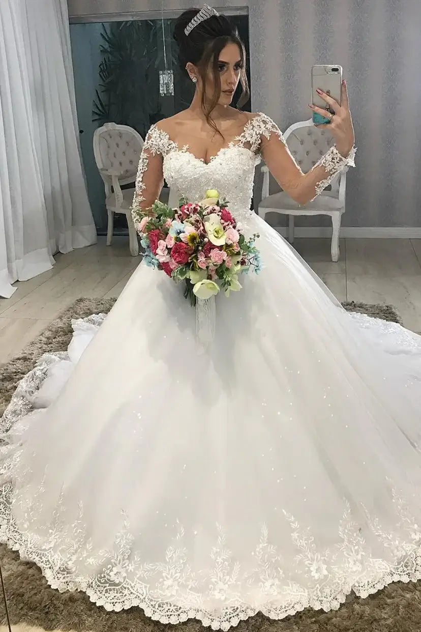 Long Sleeves Ball Gown V-Neck Lace Wedding Dress Princess