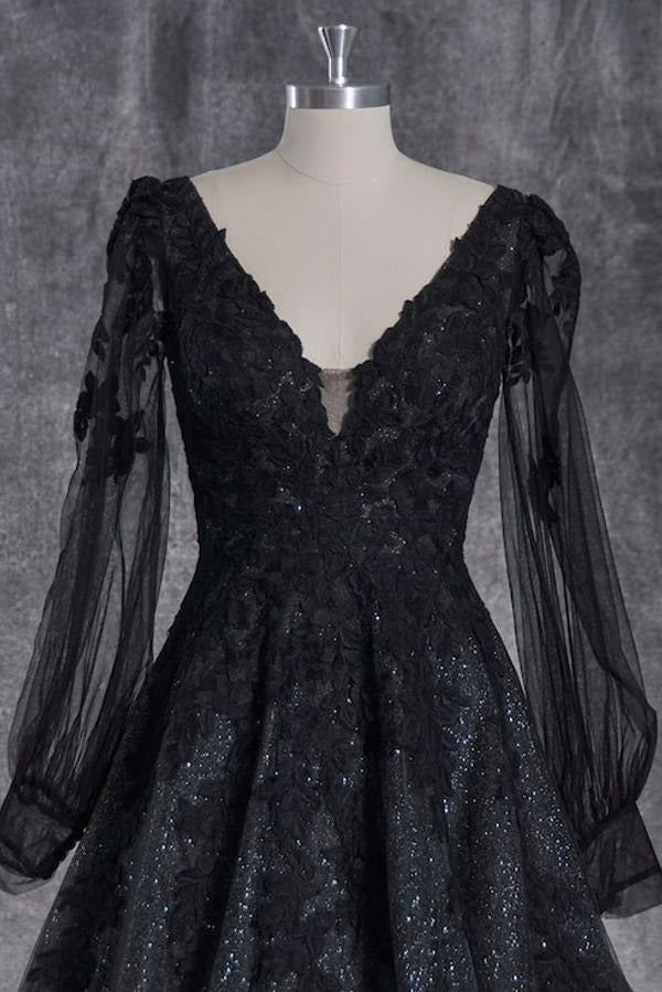 Long Sleeves Black Wedding Dress Lace A-line V-neck Backless
