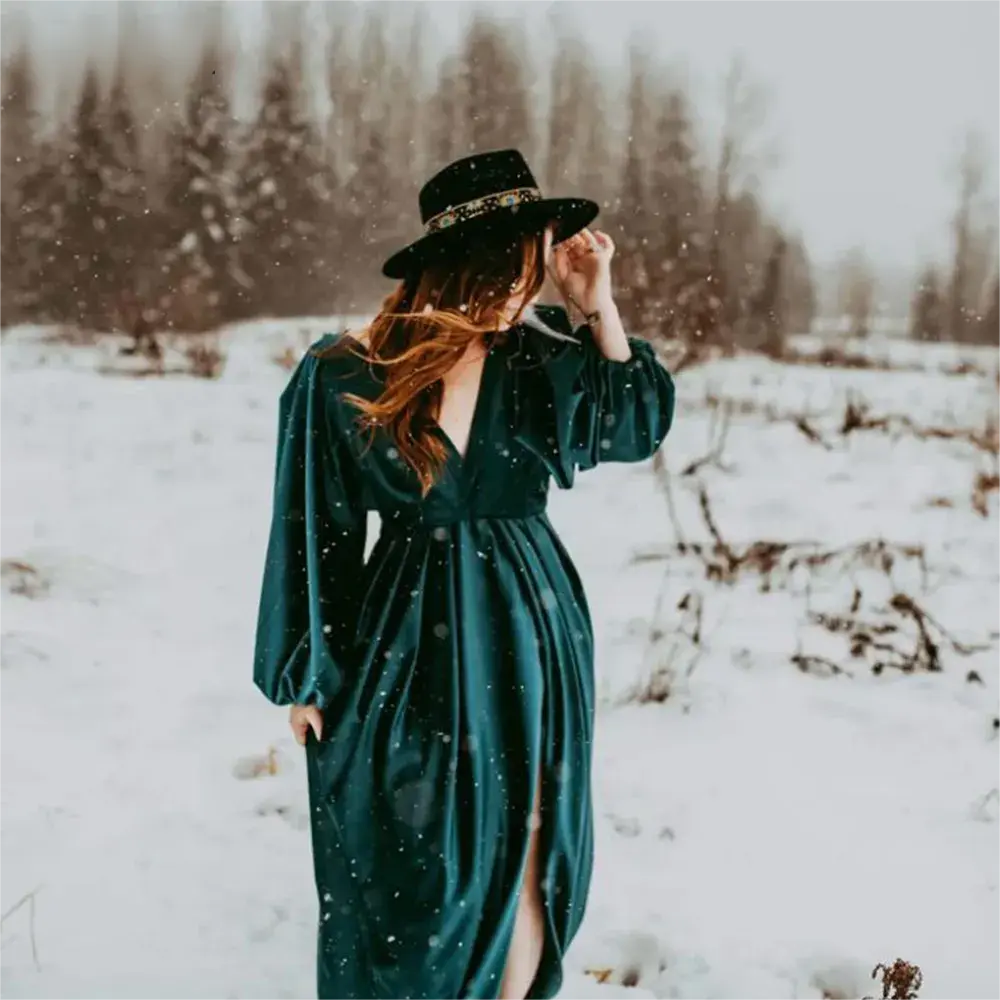 Long Sleeves Emerald Green Velvet Maternity Dress for PhotoShoot