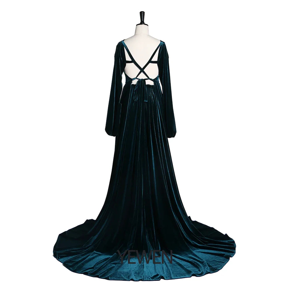 Long Sleeves Emerald Green Velvet Maternity Dress for PhotoShoot