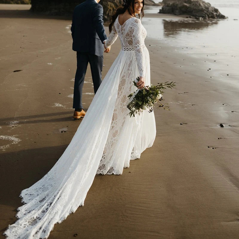 Long Sleeves Lace Beach Wedding Dresses Boho Chiffon V Neck