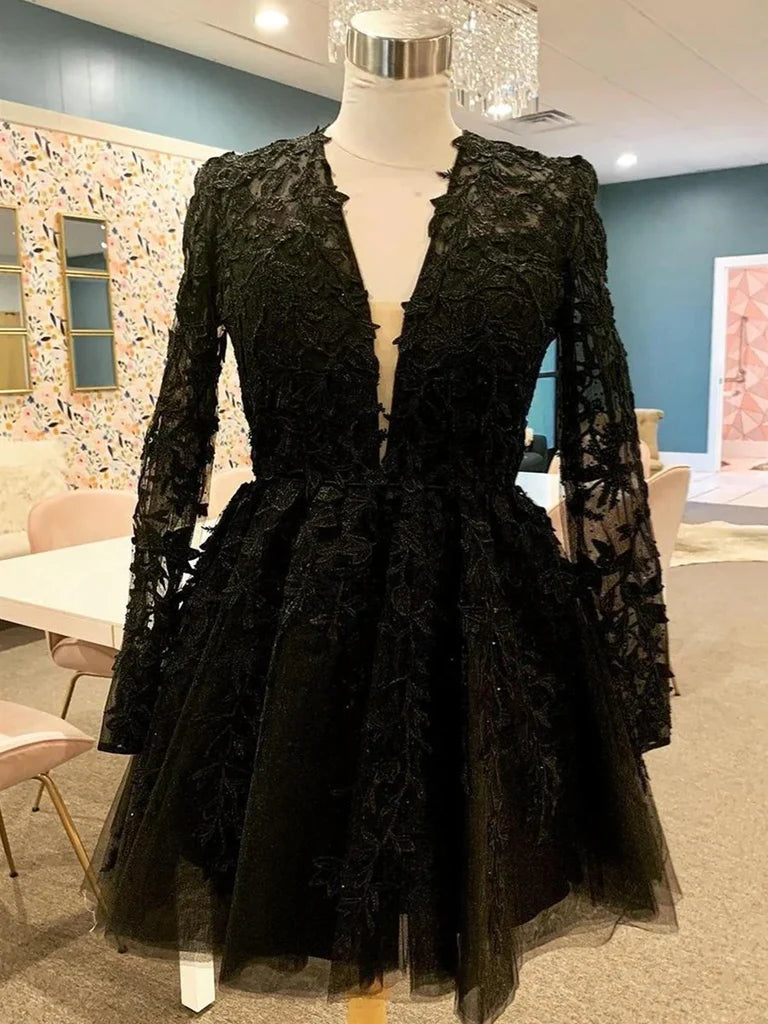 Long Sleeves Lace Black Sweet 16 Dress Knee-Length Floral Party Dress