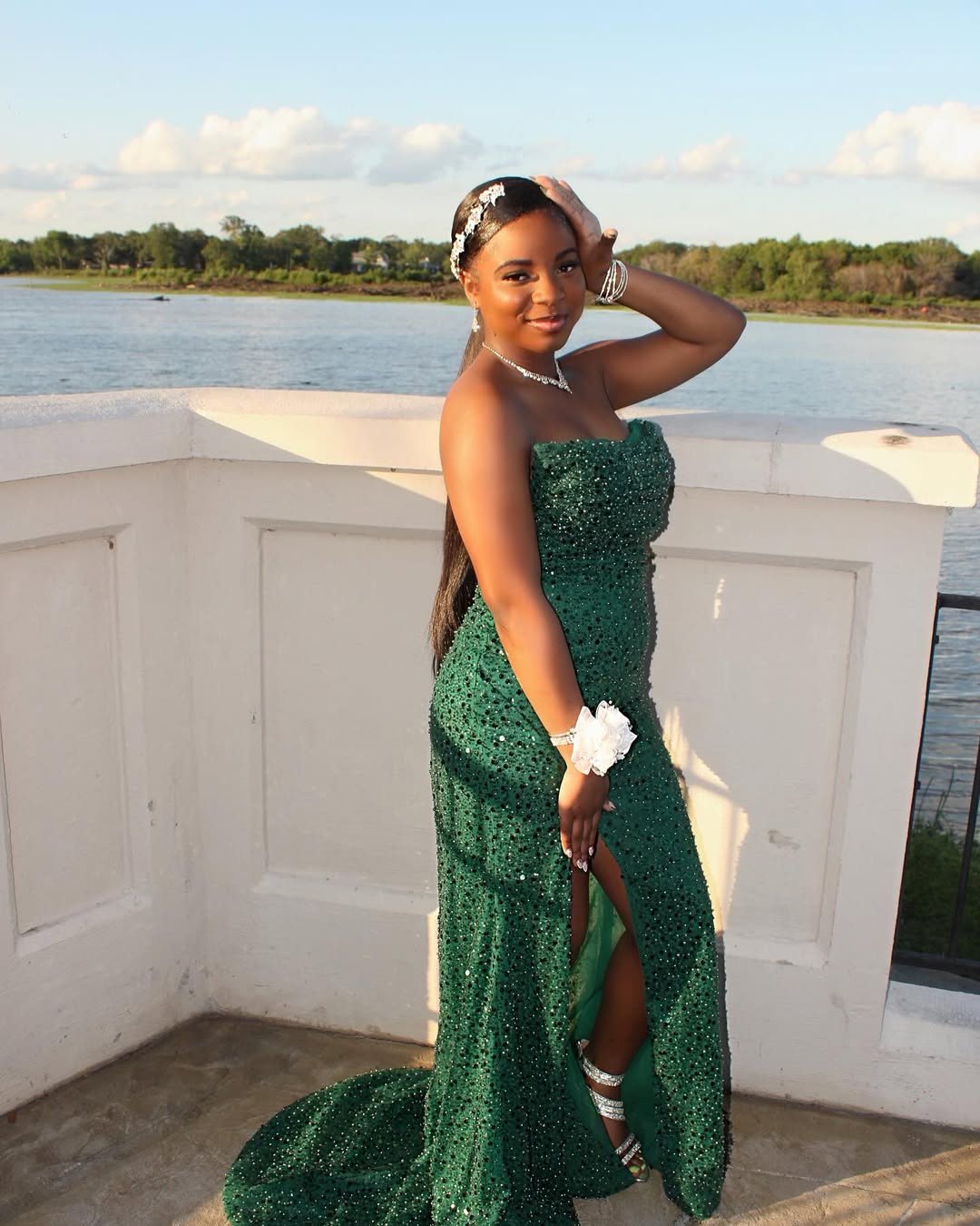 Long Strapless Green Glitter Sequin Prom Dress with Slit Mychicdress