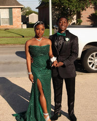 Long Strapless Green Glitter Sequin Prom Dress with Slit Mychicdress