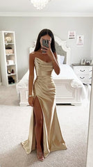 Long Strapless Prom Dresses with Slit Satin Formal Dresses for Women