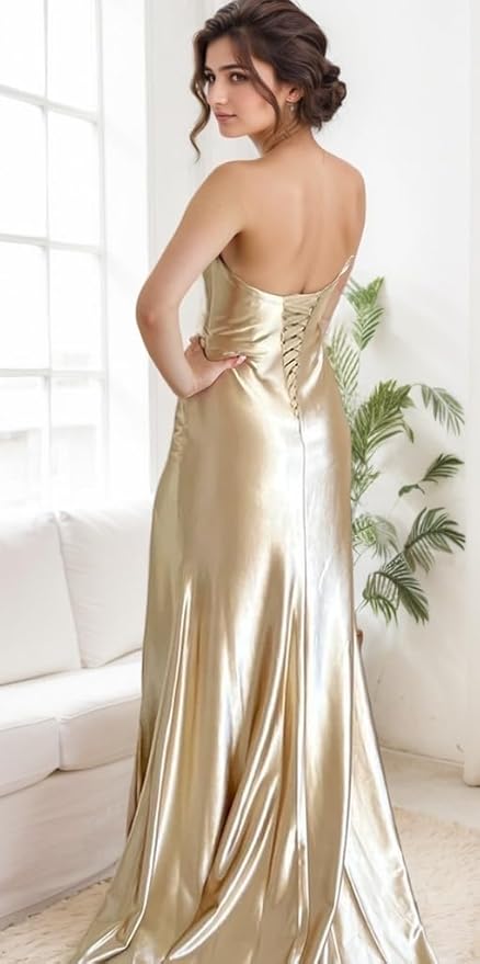Long Strapless gold Prom Dresses with Slit Satin Formal Dresses for Women
