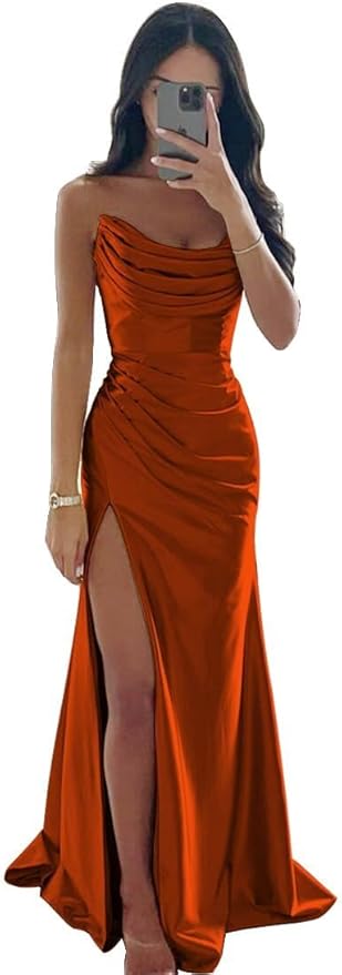 Long Strapless Prom Dresses red Satin Formal Dresses for Women