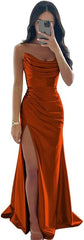 Long Strapless Prom Dresses with Slit Satin Formal Dresses for Women