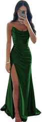 Long Strapless Prom Dresses with Slit Satin Formal Dresses for Women