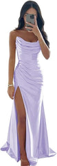 Long Strapless Prom Dresses with Slit Satin Formal Dresses for Women