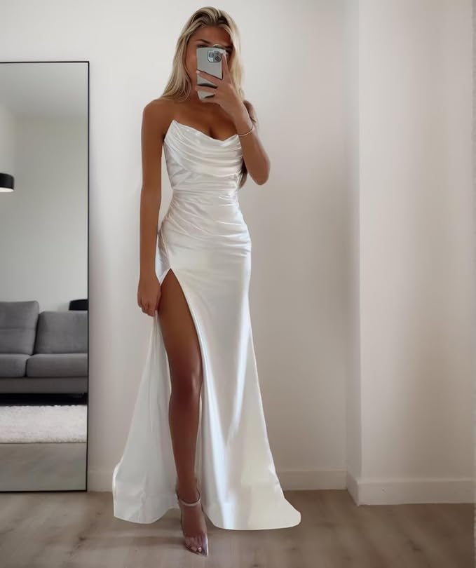 Long Strapless Prom Dresses white Satin Formal Dresses for Women