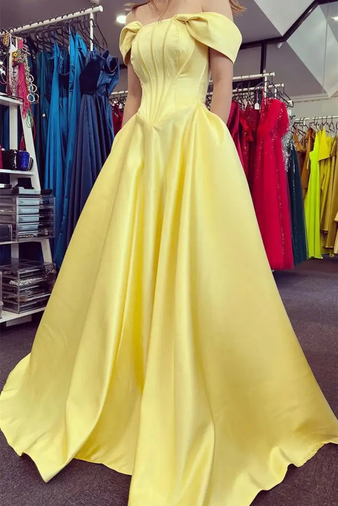 Long Yellow Evening Dress Satin Corset Prom Dress with Pocket