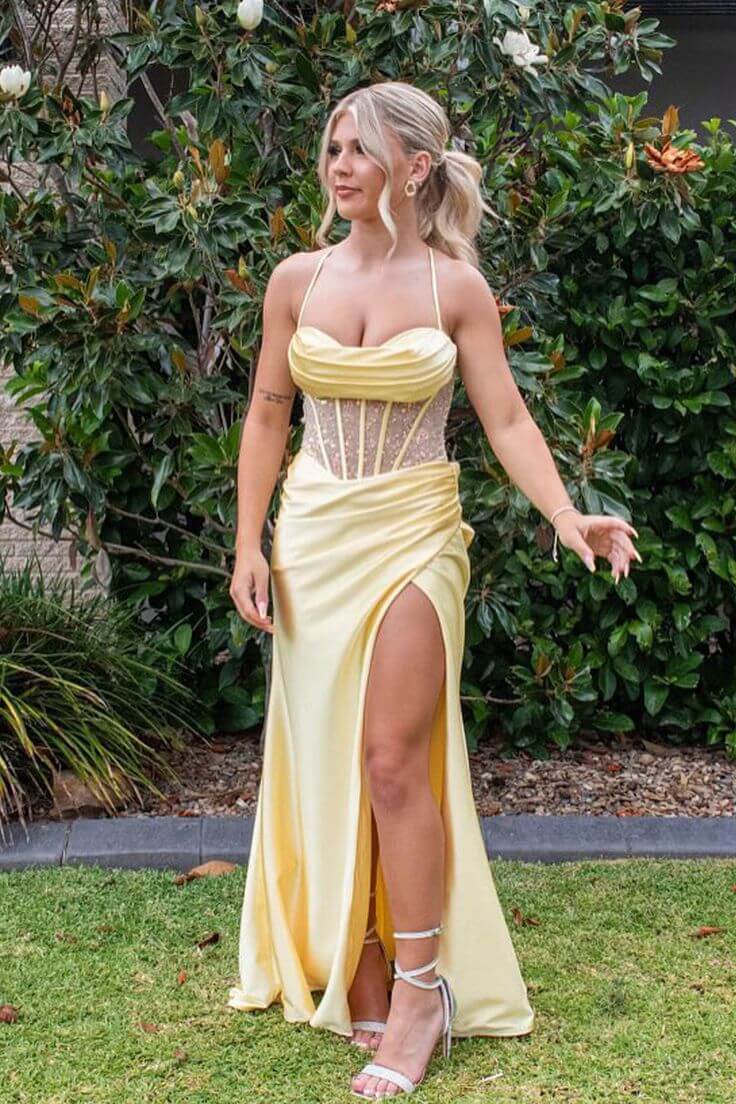 Long Yellow Formal Dress Corset Satin Prom Dress Scoop Neck with Slit