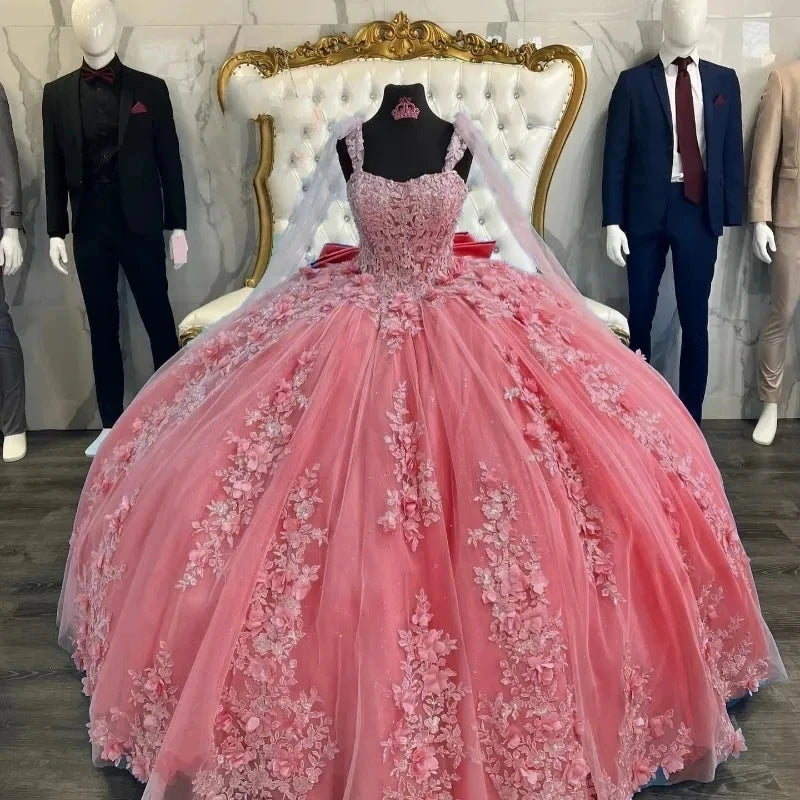 Luxury 3D Flowers hot pink Quinceañera Dresses for Sweet 16 with Big Bow