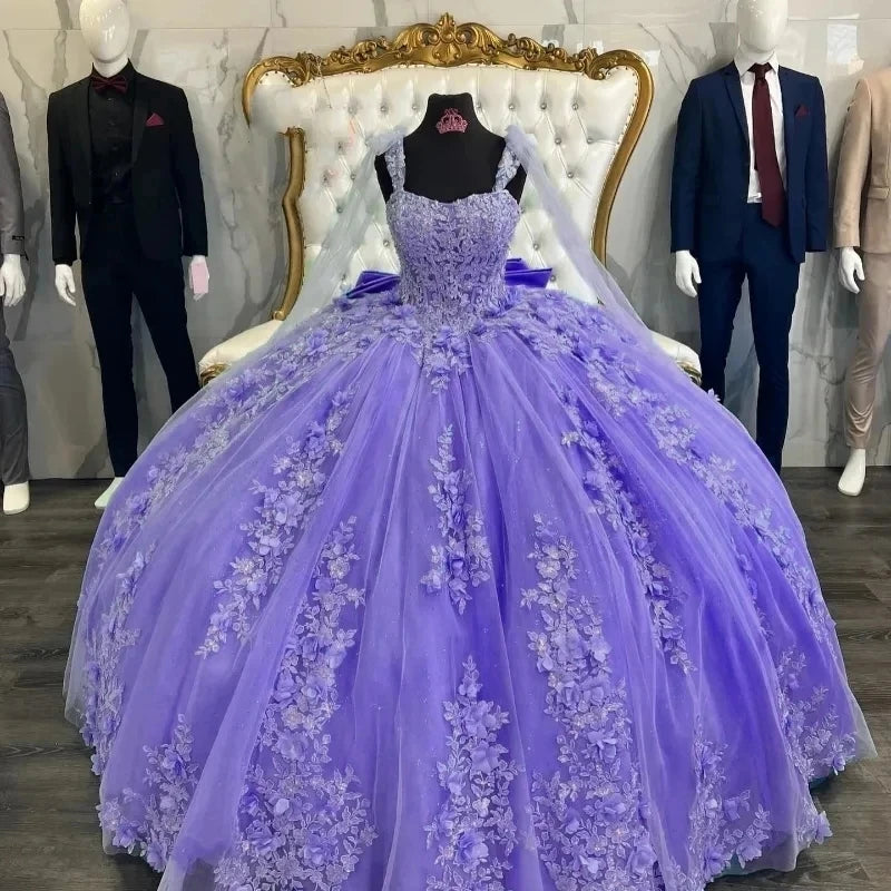 Luxury 3D Flowers lavender Quinceañera Dresses for Sweet 16 with Big Bow