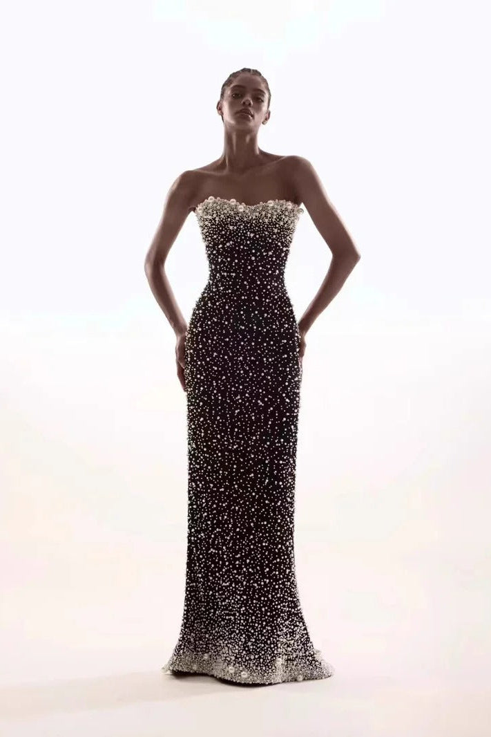Luxury Black Prom Dress with Pearls Strapless Evening Gown Mychicdress