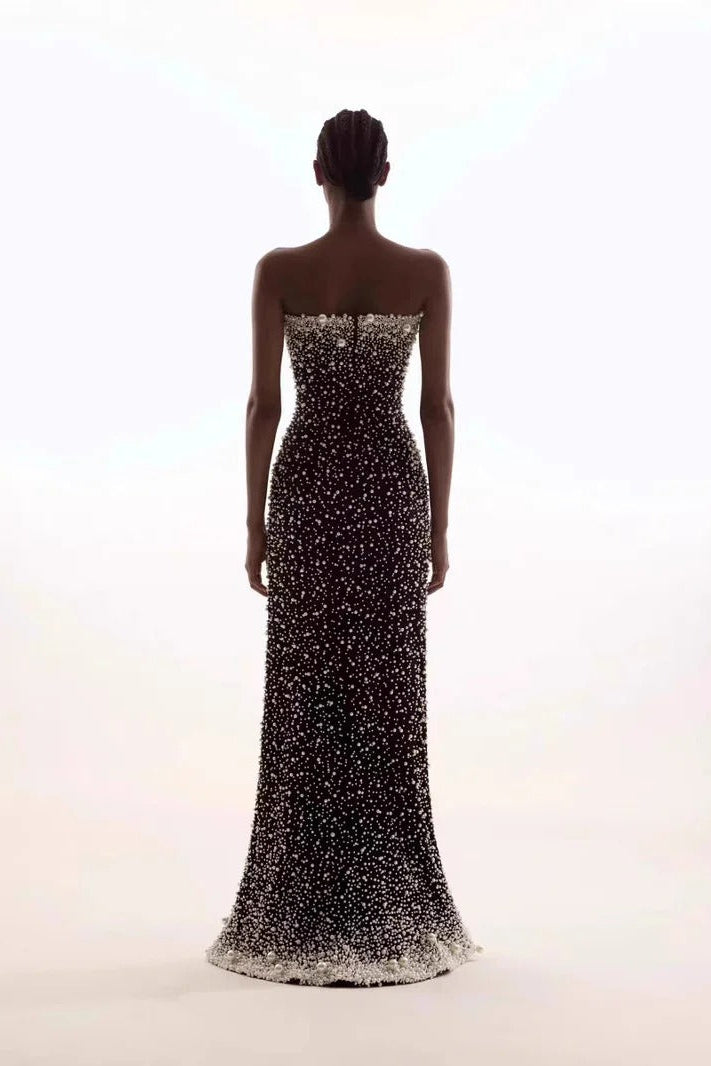 Luxury Black Prom Dress with Pearls Strapless Evening Gown Mychicdress