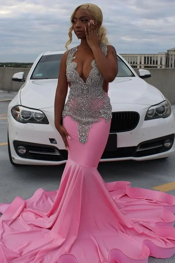 Luxury Mermaid Pink Satin Prom Dresses Sleeveless Silver Beads