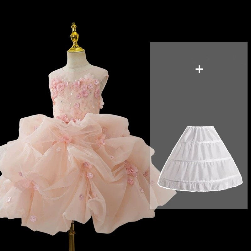 Luxury Pink Flower Girl Dress Tulle Short Pageant Dress for Little girls