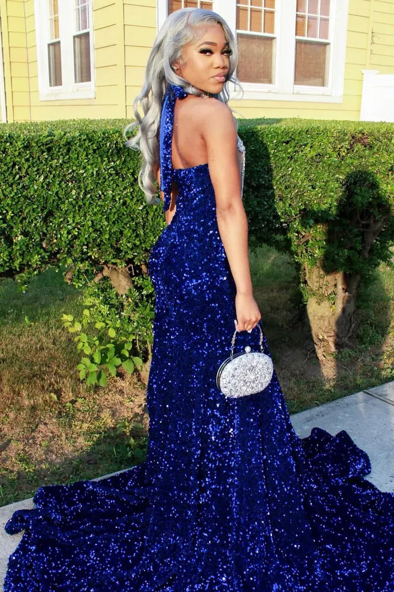 Luxury Royal Blue Sequin Long Prom Dress Silver Beaded Court Train