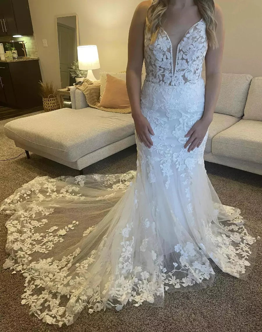 Mermaid Beach Lace Boho Wedding Dress UK Appliques Open Back Mychicdress